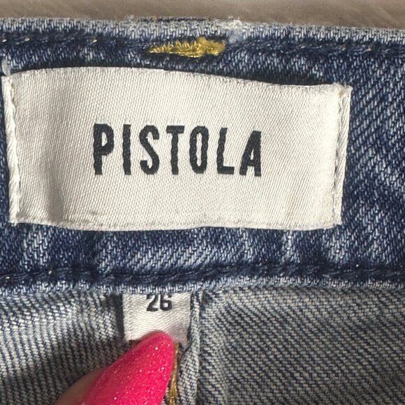 Pistola Distressed Blue Denim Jeans High rise Sz 26 Ripped knee Straight Leg - Picture 3 of 10